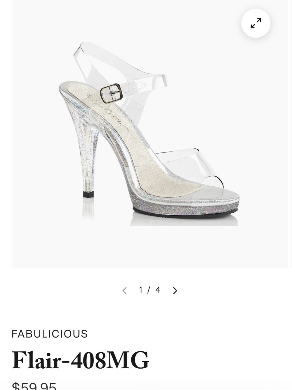 Fabulicious Flair-408MG Competition Heels — Clear/Silver Glitter, Size 8